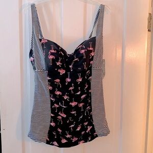 Torrid long tankini swim top only Pink Flamingo Black White stripe size 2